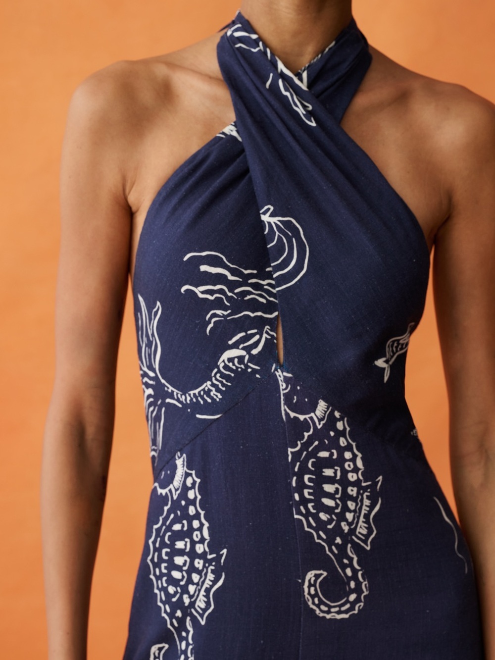 Few Moda Oceana Navy Sea Life Halter Maxi Dress Linen Blend NWT Size 6 - Picture 12 of 12
